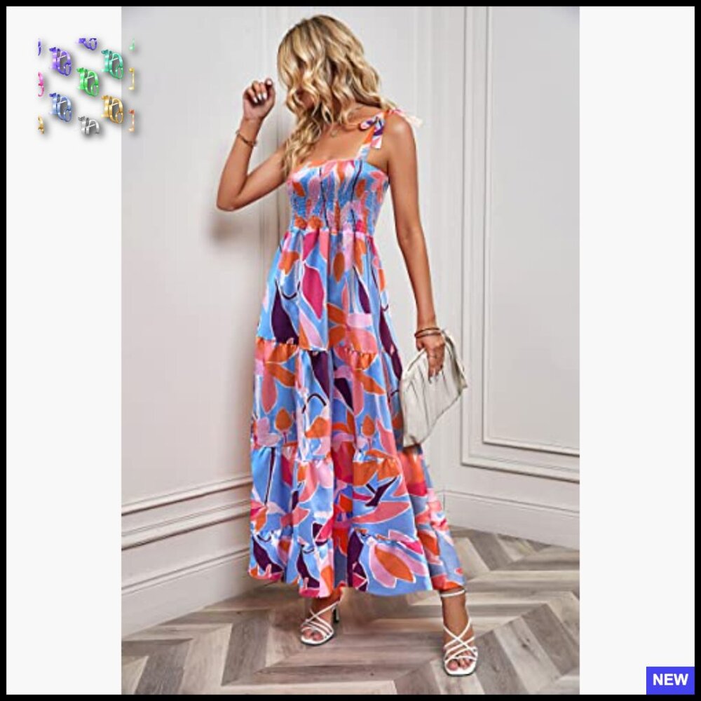 Boho Maxi Dress Summer Casual Flowy Square Neck Spaghetti Strap Ruffle Hem - Picture 3 of 7